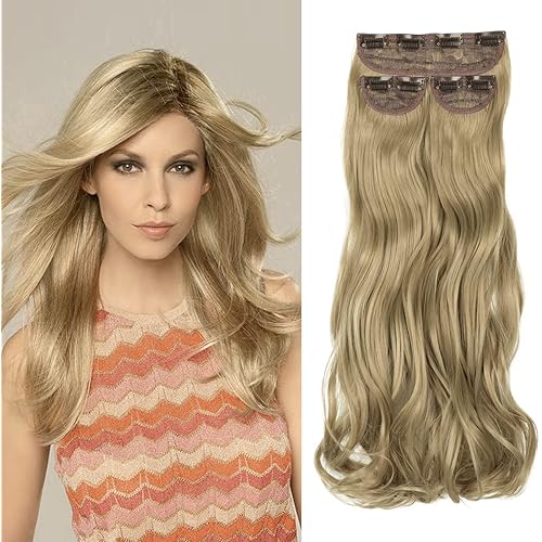 Clip in Hair Extensions Hair Pieces for Women(Full Head Soft Curly Wavy Invisible Thick long 3 PCS Set Synthetic Hair Extensions) -Pale Gloden Blonde 16"