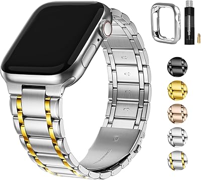 Fullmosa Compatible Apple Watch Bands 49mm 45mm 44mm 42mm 41mm 40mm 38mm, Stainless Steel iWatch Band with Case Metal Strap for Apple Watch Series Ultra 8 7 6 5 4 3 2 1 SE,38mm 40mm 41mm Silver and Gold