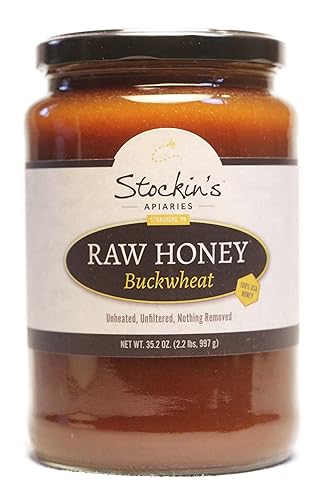 Miniatura 7 de Stockin's Apiaries Miel de trigo sarraceno cruda a granel, sin calentar, sin filtrar y nutritiva, 80 onzas.