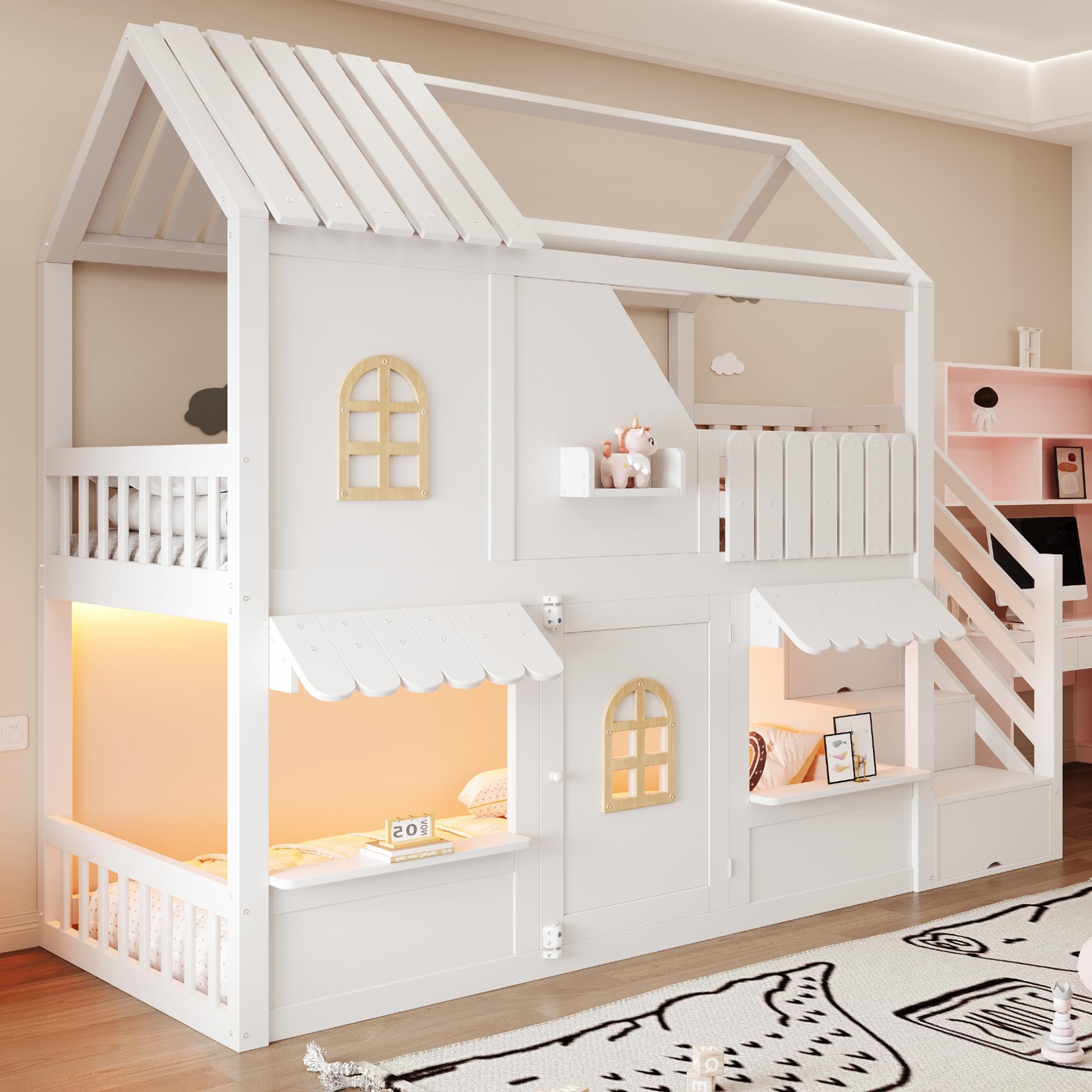 Litera infantil de 90 x 200 cm, color blanco, diseño en forma de casa con ventanas, techo, barandilla y puerta, escalera de almacenamiento y estantes, sin colchón