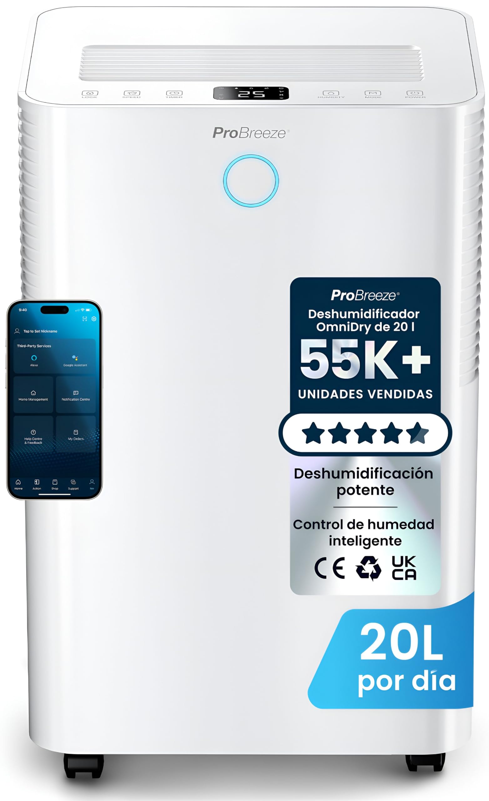 Pro Breeze OmniDry Deshumidificador 20L/Día hasta 30 M², WiFI, Depósito 4L, Secado de Ropa, Sensor de Humedad, Temporizador 24H, Modo Nocturno - Antihumedad, Moho y Condensación