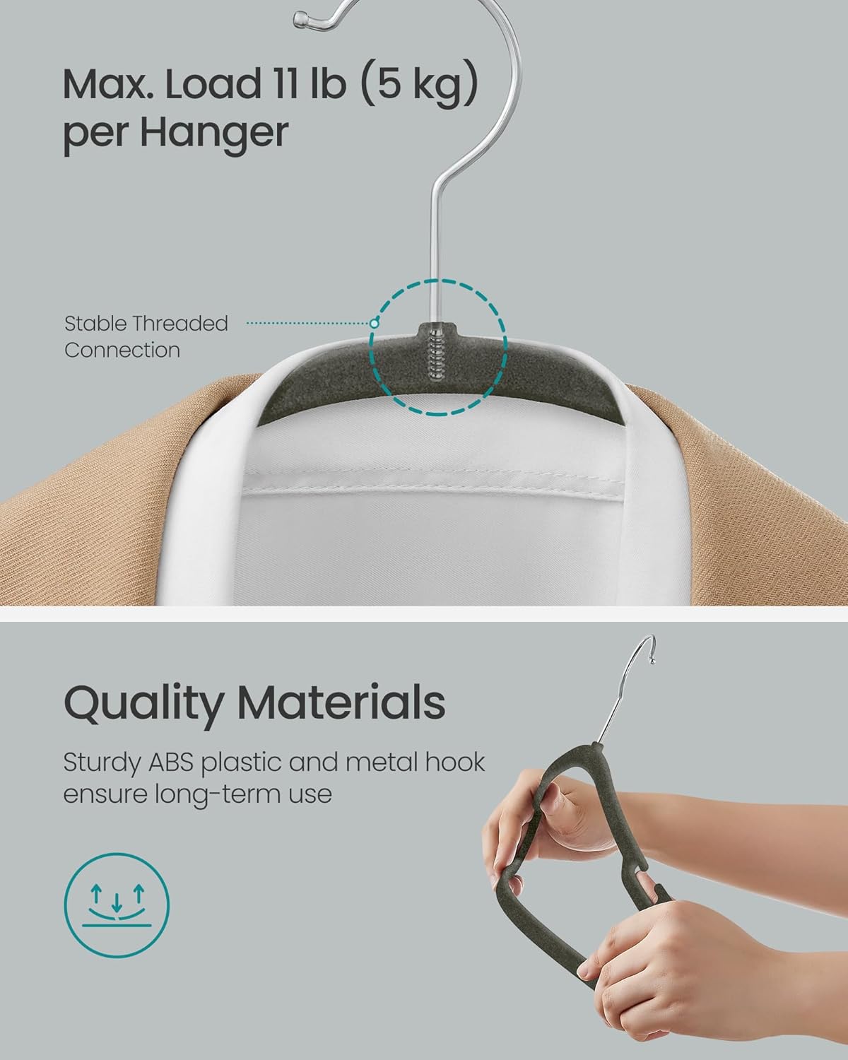 SONGMICS Velvet Hangers 50 Pack, Non-Slip Clothes Hangers, 17 x 8.3 Inches, Coat Hangers with Wide Shoulder Notches, Pants Bar, 360° Swivel Hook, Space-Saving, for Closet, Gray UCRF039G02 - Image 6