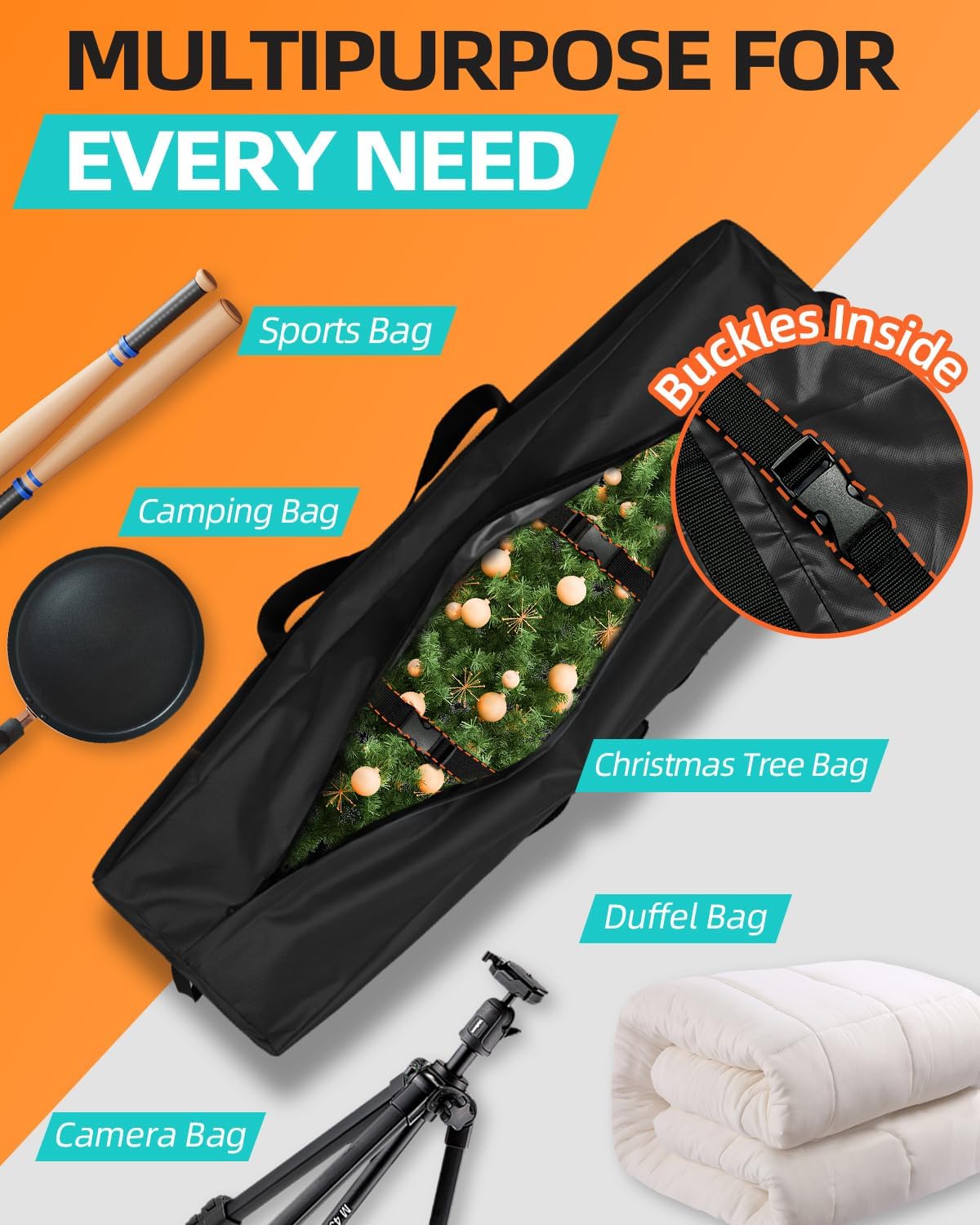 42'' Sports Duffle Bag - Extra Large Travel Duffel Tote Bag Gym Overnight Weekender Shopping Christmas Tree Bag with 2-Way Durable Zippers Water Resistant, Black, 2 Pack - Image 4