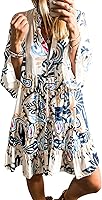 miduo Women's Bohemian Tribal Print Flowy Mini Dress V-Neck Buttoned 3/4 Sleeve Summer 2025 Casual Beach Dress