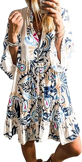 miduo Women's Bohemian Tribal Print Flowy Mini Dress V-Neck Buttoned 3/4 Sleeve Summer 2025 Casual Beach Dress