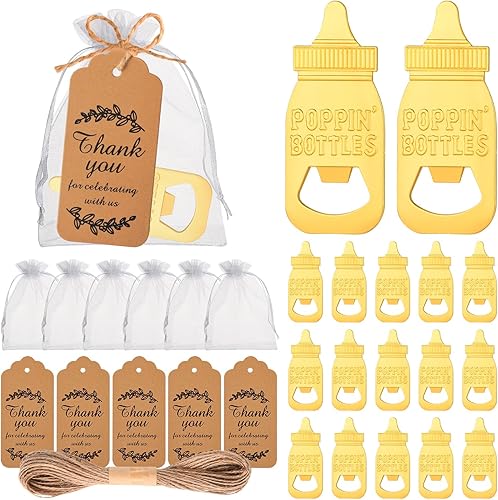 50Pcs Popping Bottle Openers Baby Shower Prizes for Guests, Cute Bottle Opener Souvenir Decorations with Organza Bags, Baby Shower Return Gifts for