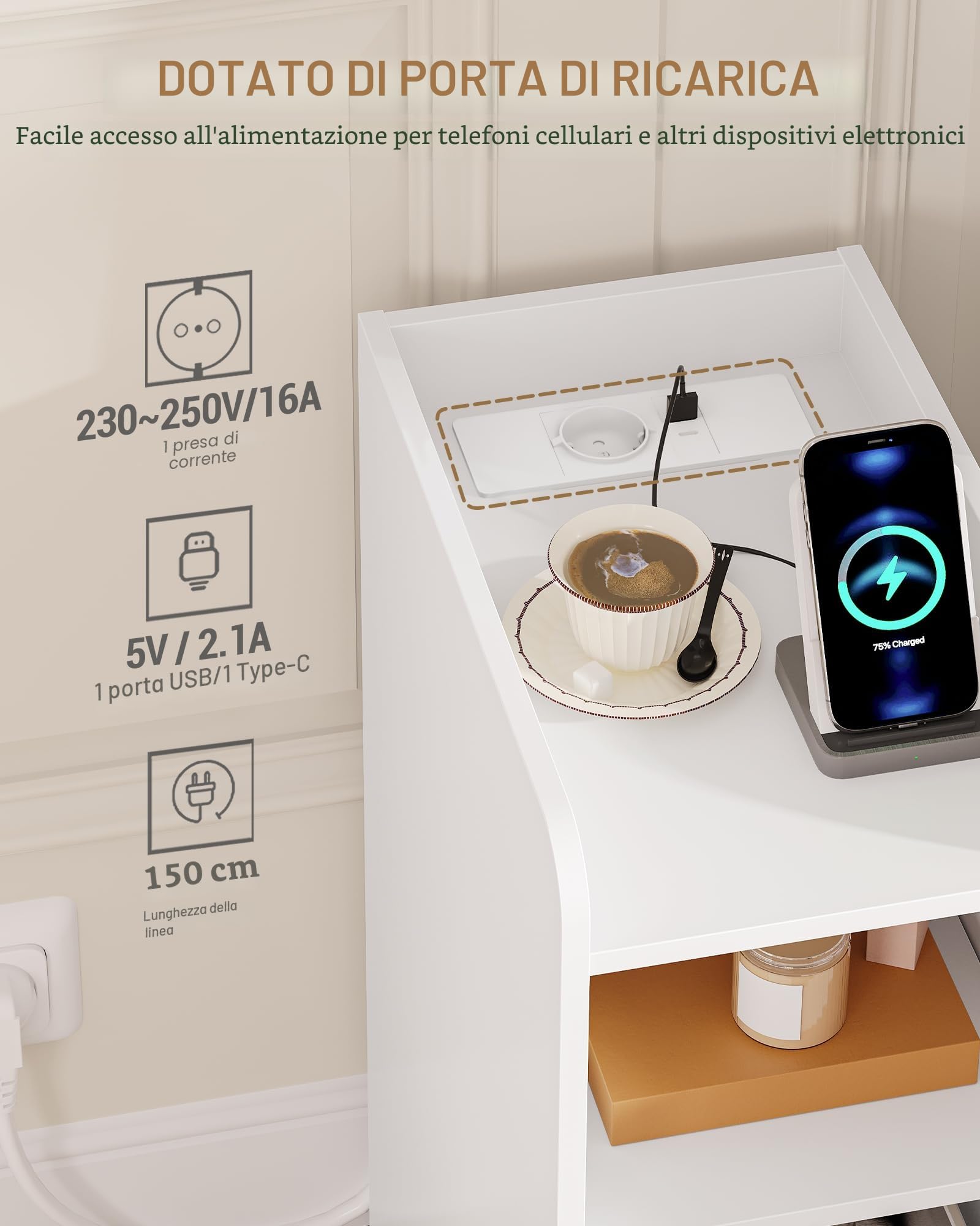 Hzuaneri Comodino Set di 2, con Stazione di Ricarica, Porta USB e di Tipo C, Tavolini Stretto, Spazio di Archiviazione a 3 Livelli con 1 Cassetto, per Camera da Letto, Soggiorno, Bianco NS36503X