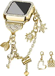 JOYOZY Band Compatible with Apple Watch 38mm 40mm 41mm 42mm 44mm 45mm 46mm, Bling Strap with Glitter Case Built-in Screen Protector, Interchangeable Charms Dressy Bracelet for Women