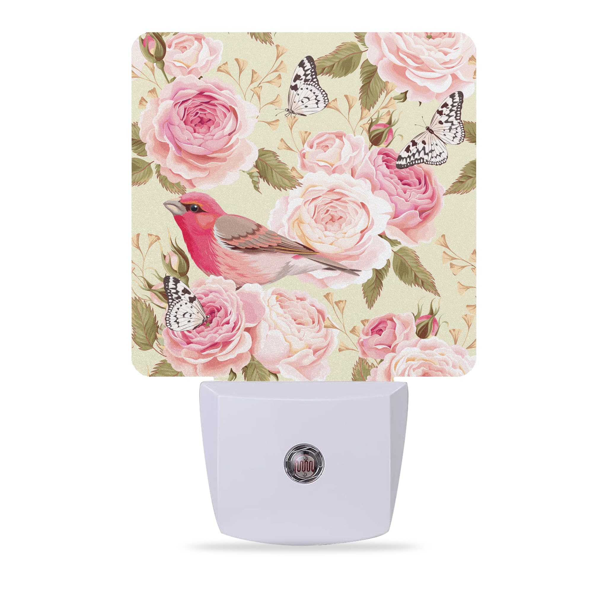 Pink Roses Night Lights Plug into Wall Red Birds Butterfly Night Lights Dusk to Dawn Sensor Led Lamp for Women Men,Led Lights for Stairway/Hallway/Bedroom,0.5W, SBD04