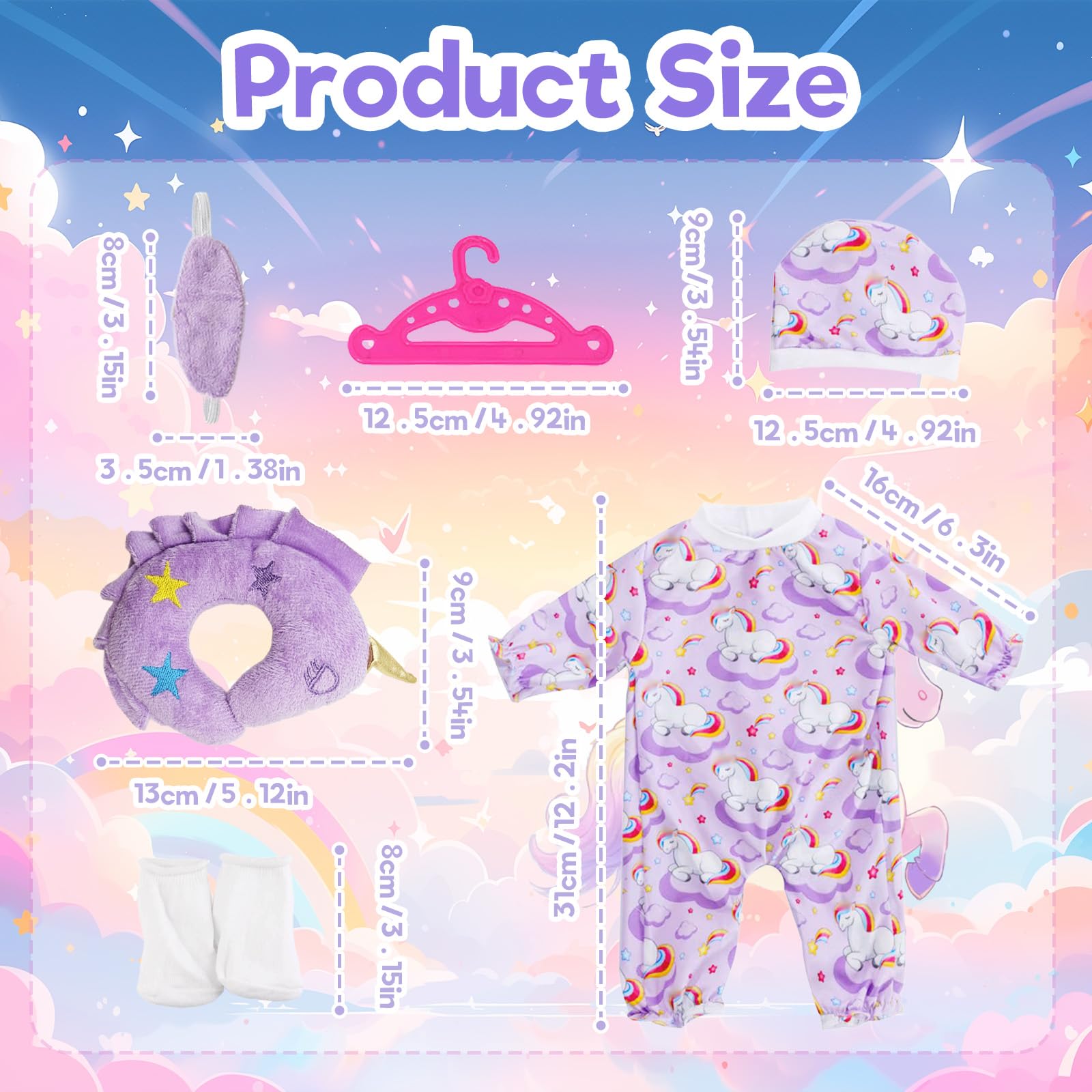 Baby Doll Clothes 16-18 Inch Dolls 43cm, Purple Pony Bodysuit Outfit with Hat, Hanger, Pillow, Eye Mask & Socks - Image 2