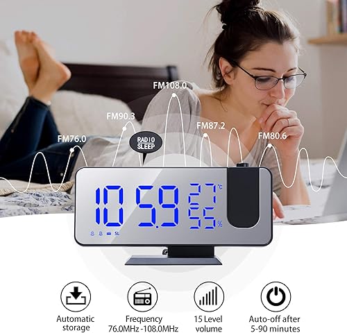 Miniatura 3 de EVILTO Reloj despertador de proyección para dormitorio, techo digital, radio con puertos de carga USB, reloj despertador de pantalla LED grande de