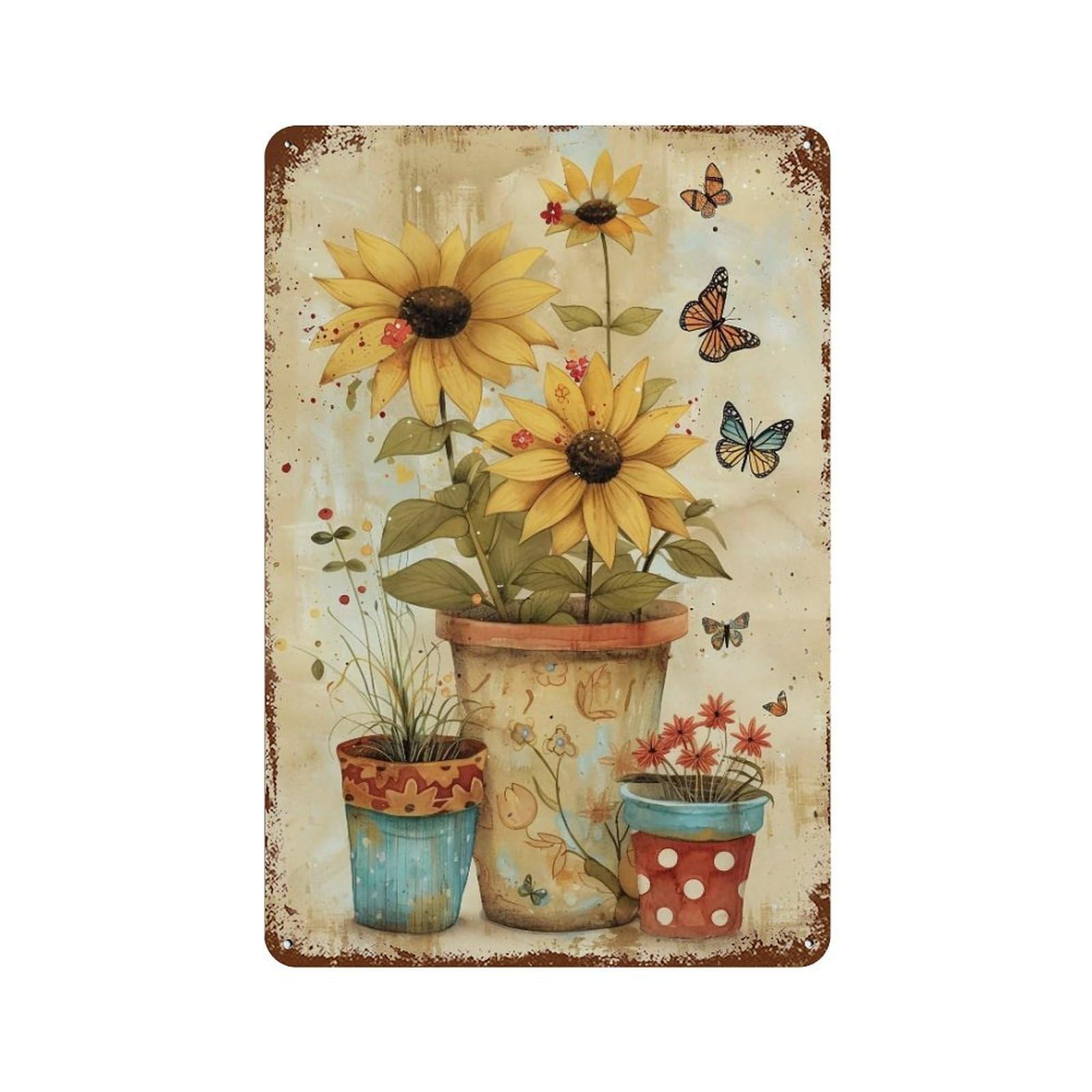 YHGERTKU Watercolor Three Potted Flowers Colorful Butterfly 02 Wall Art Retro Iron Vintage Metal Tin Sign Poster Modern Decor for Living Rooms Gift 30x20cm