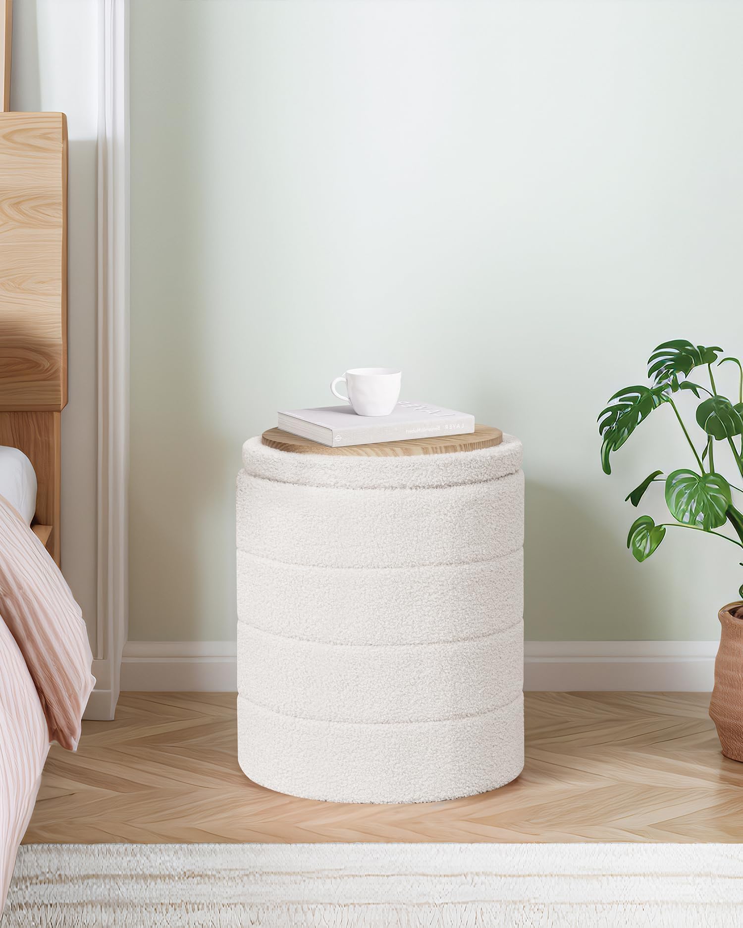 PINPLUS Sgabello Pouf Contenitore, Cassapanca Rotondo Ottomano con Contenitore, Pieghevole Poggiapiedi in Teddy 37x37x45 cm, per Soggiorno, Camera da Letto e Corridoio, Bianco