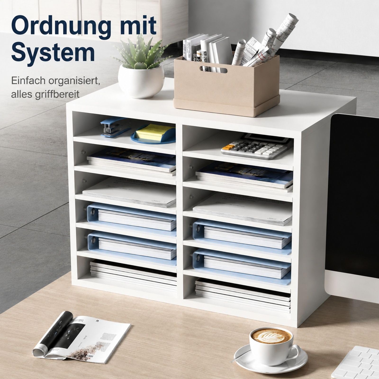 Weißer Schreibtisch-Organizer aus Holz mit 12 Fächern, Dokumentenablage mit herausnehmbarem Einlegeboden für Post, Akten und Magazine