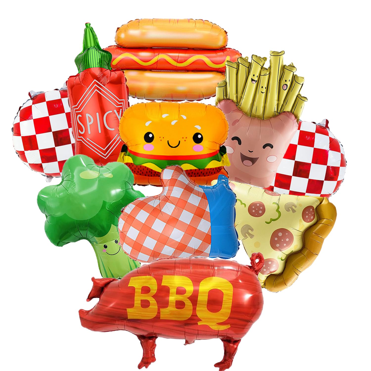10Pcs BBQ Picnic Cookout,Food brocoli Backyard Barbecue Themed Foil Balloons Hot Dog Spicy French fries Glove for Picnic Snacks Baby Shower Birthday Party Decorations Supplies