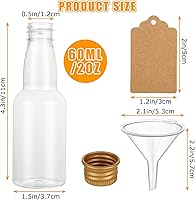 Vista 2 de Juego de 100 mini botellas de licor, botellas de plástico vacías de 2 onzas con tapas, botellas de alcohol de plástico con 10 embudos, 100 etiquetas