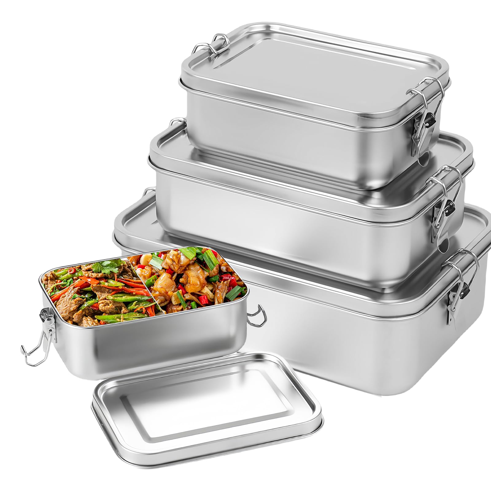 BORDEAG Pudełko śniadaniowe ze stali nierdzewnej, 850 ml, 1400 ml, 2400 ml, stal nierdzewna, pudełko na lunch, metalowe, z przegródkami, wyjmowane, pudełko na kanapki, pudełko na przekąski, pudełko na