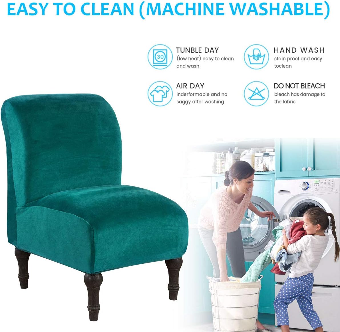 MIFXIN Armless Accent Chair Cover Velvet Stretch Soft Slipcover for Slipper Chair Without Armrest Chair Couch Furniture Protector Cover for Living Room Bedroom Hotel (Bluish Green, 1 Pack)