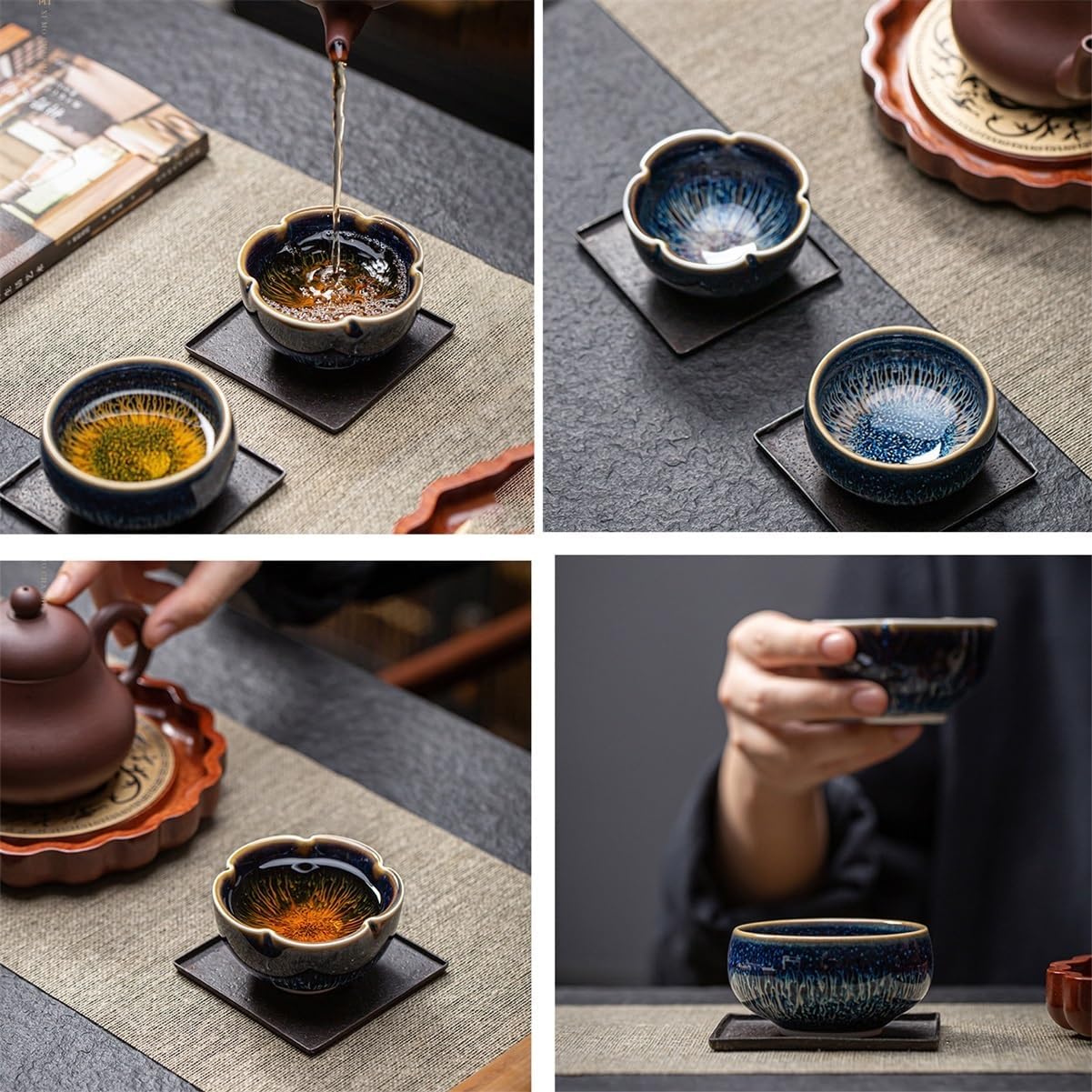 90ml Handcrafted Tianmu Glaze Tea Cup, Kiln-Change Ceramic Tea Bowl with Petal-Shaped Rim, Traditional Chinese Gongfu Master Teacup with Gift Box(Circular)