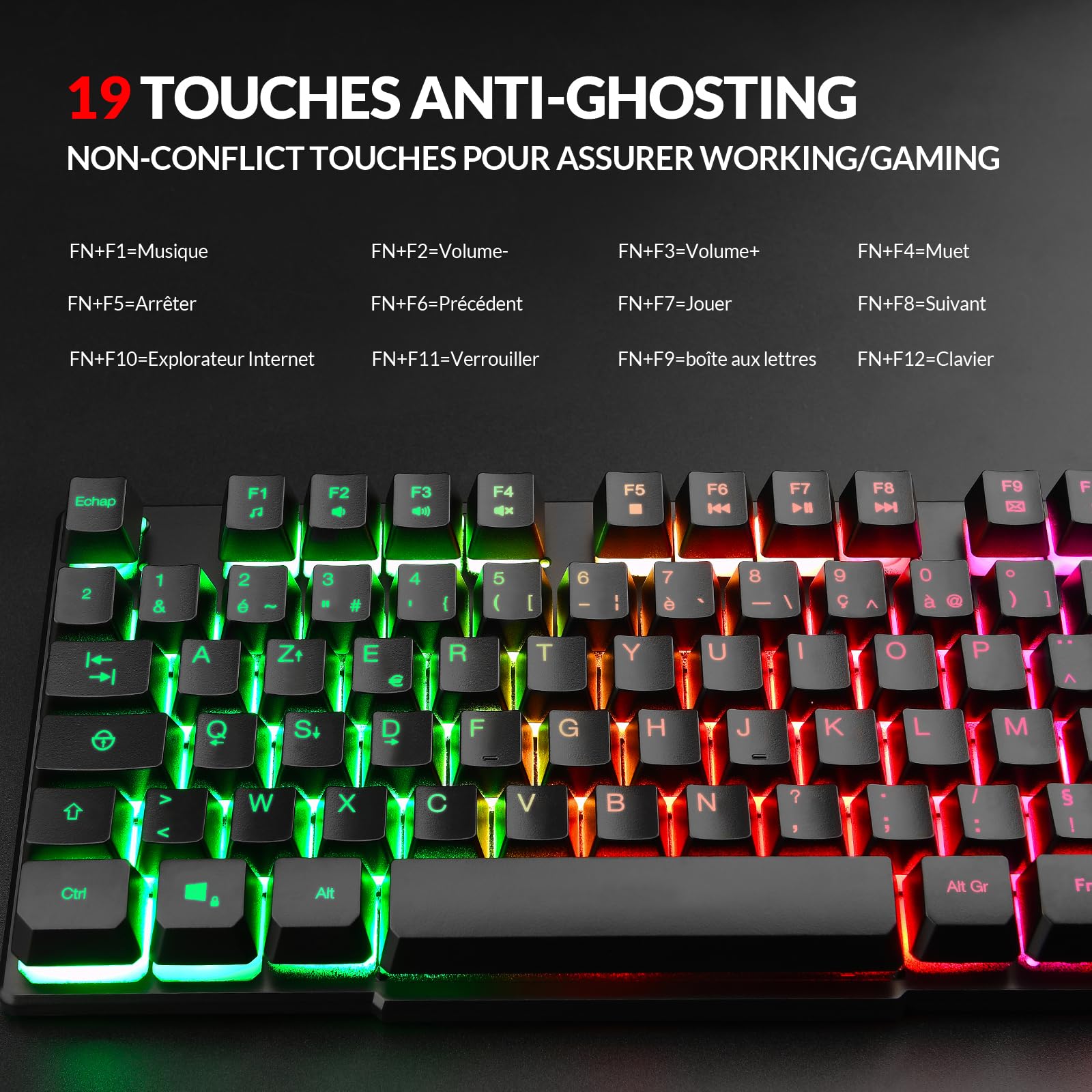 Rii Clavier Gamer - AZERTY - Nouveau Clavier USB Filaire - 105 Touches Semi-Mécaniques - 5 Couleurs LED Rétro - 11 Raccourcis Multimédia - pour PC Mac - PS4 PS5 - Noir