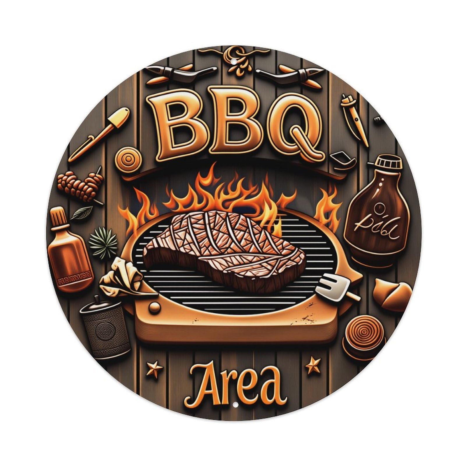 Barbecue Grill Meat Flames Tools Round Tin Sign Vintage Style Metal Sign Home Bar Garden Wall Plaque Decor Metal Poster 8x8 Inch