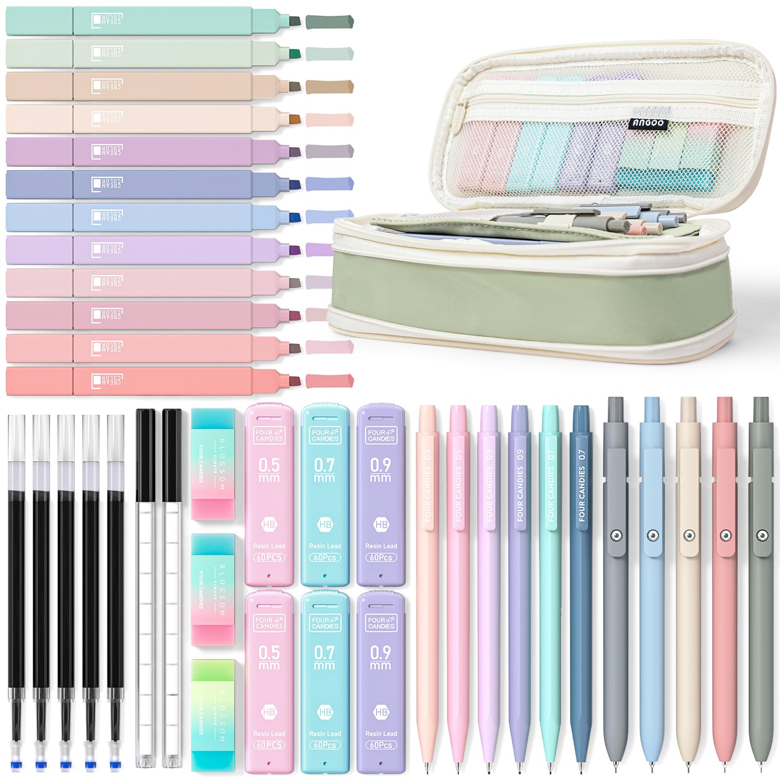 Four Candies 39 PCS Aesthetic School Supplies with Cute Pen Case, 12 Pastel Highlighters, 5 Black Ink Gel Pens, 6 Mechanical Pencils Set for Students Stationary College Essentials (Green)