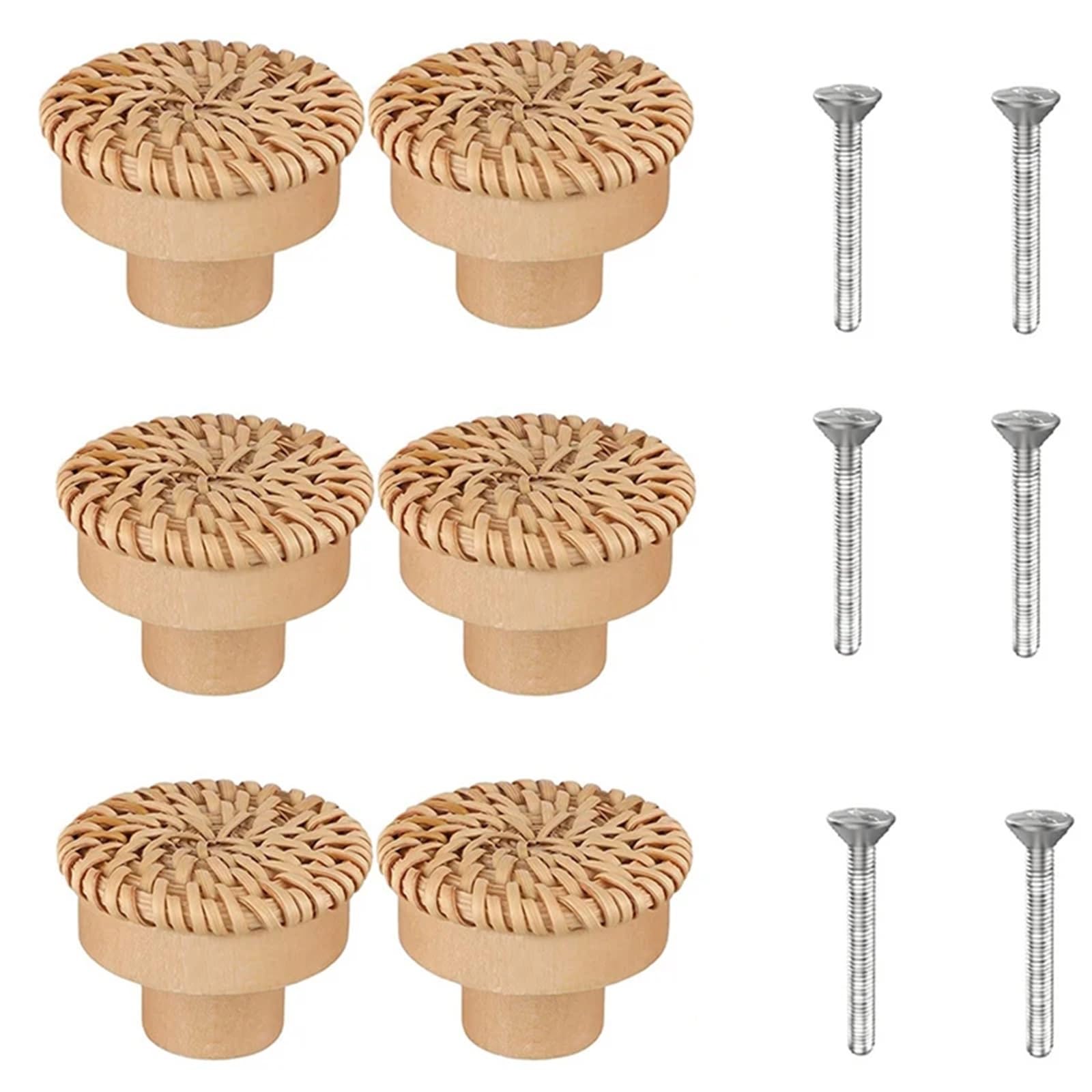 Lsnnmu Yellow-6Pack 6Pcs Rattan Dresser Knobs Round Wooden Drawer Handmade Wicker Woven And Screws For Furniture For Home(Yellow-6Pack)