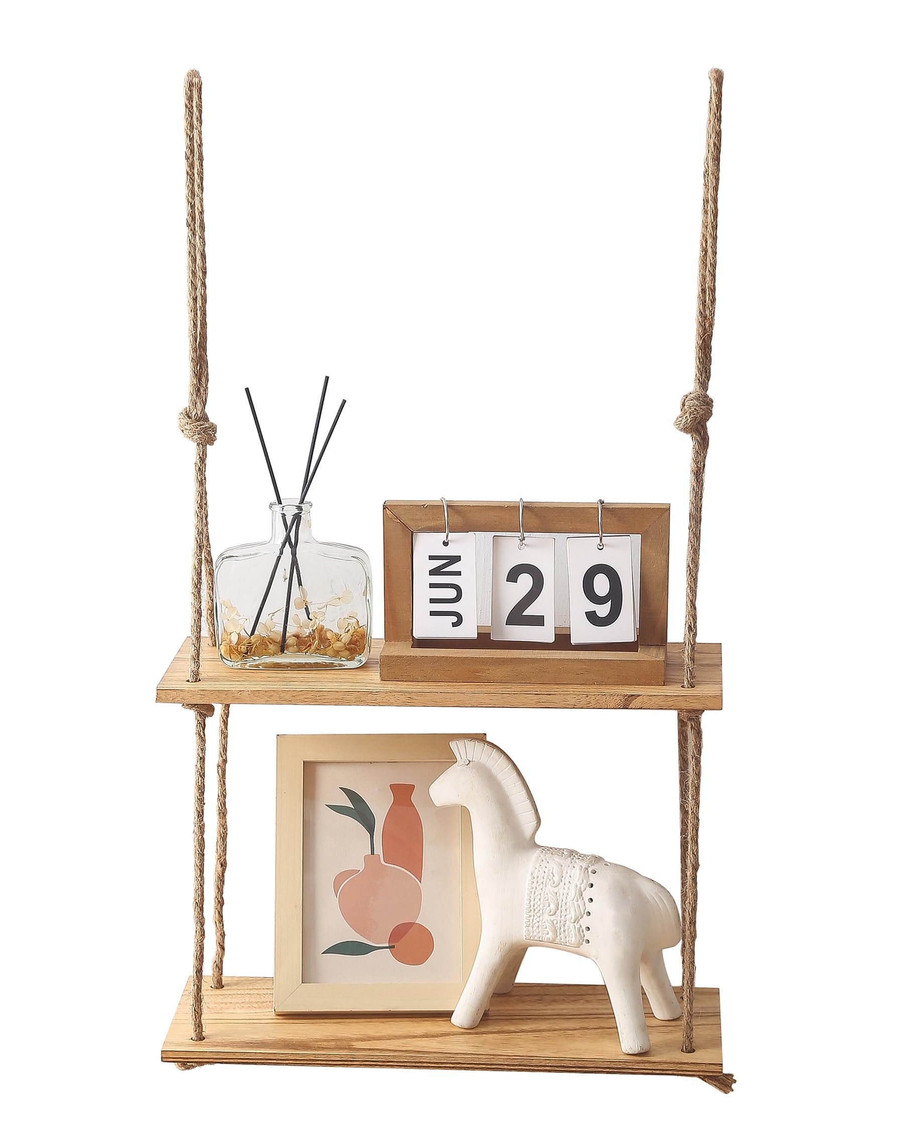 Hanging Shelves for Wall, 2 Tier Wooden Rope Shelf, Rustic Floating Shelves, Boho Wall Shelf with Hooks & Hardware for Bedroom Living Room Bathroom