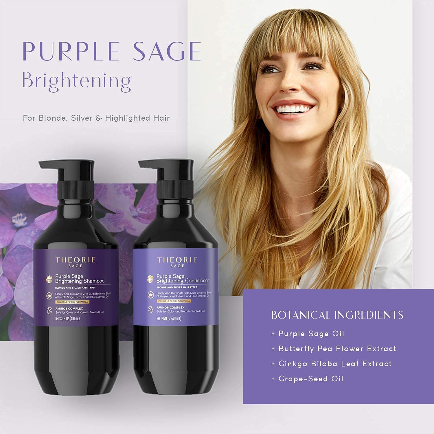 Theorie Purple Sage Brightening Conditioner for Blonde, Bleached, Silver, & Grey Hair. Instantly Eliminates, Neutralizes Brassiness & Yellows | With Argan, Marula, & Grape Seed Oil (800mL)