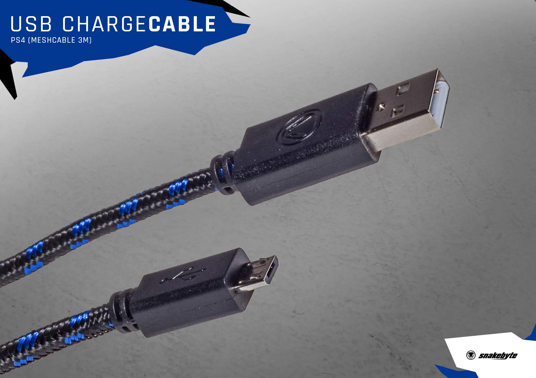snakebyte PS4 Micro USB CHARGE:CABLE - 3m Mesh Cable - Ladekabel für Dualshock 4 Controller - PlayStation 4 & Xbox One kompatibel