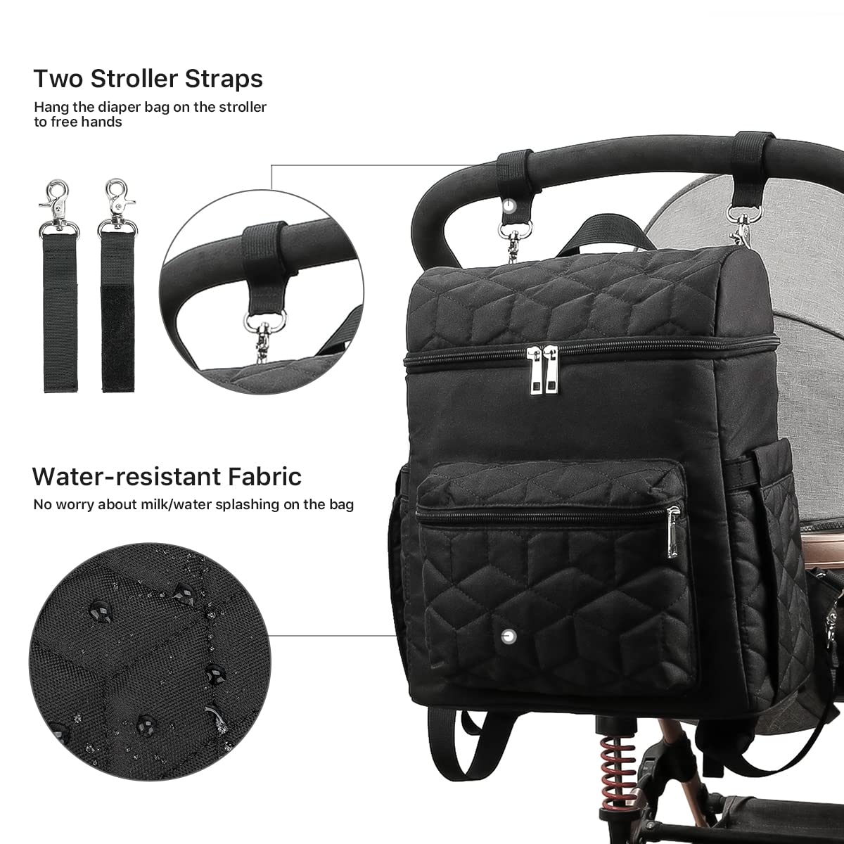 SONARIN Grande Capacità Multifunzionale Zaino Fasciatoio,Elegante Borsa per Pannolini Impermeabile Zaino Mamma Neonato Borsa Fasciatoio da Viaggio Portatile con Ganci per Passeggino(Nero)