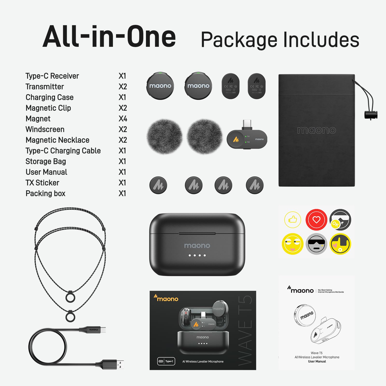 MAONO Wireless Lavalier Microphone for iPhone/Android/Camera/PC, Mini Lapel Mic with AI Noise Cancelling, 1000ft(300m) Range, Dual-Channel Record, for Video, Vlog, Streaming (2TX+3RX+Charging Case): USB Type-C