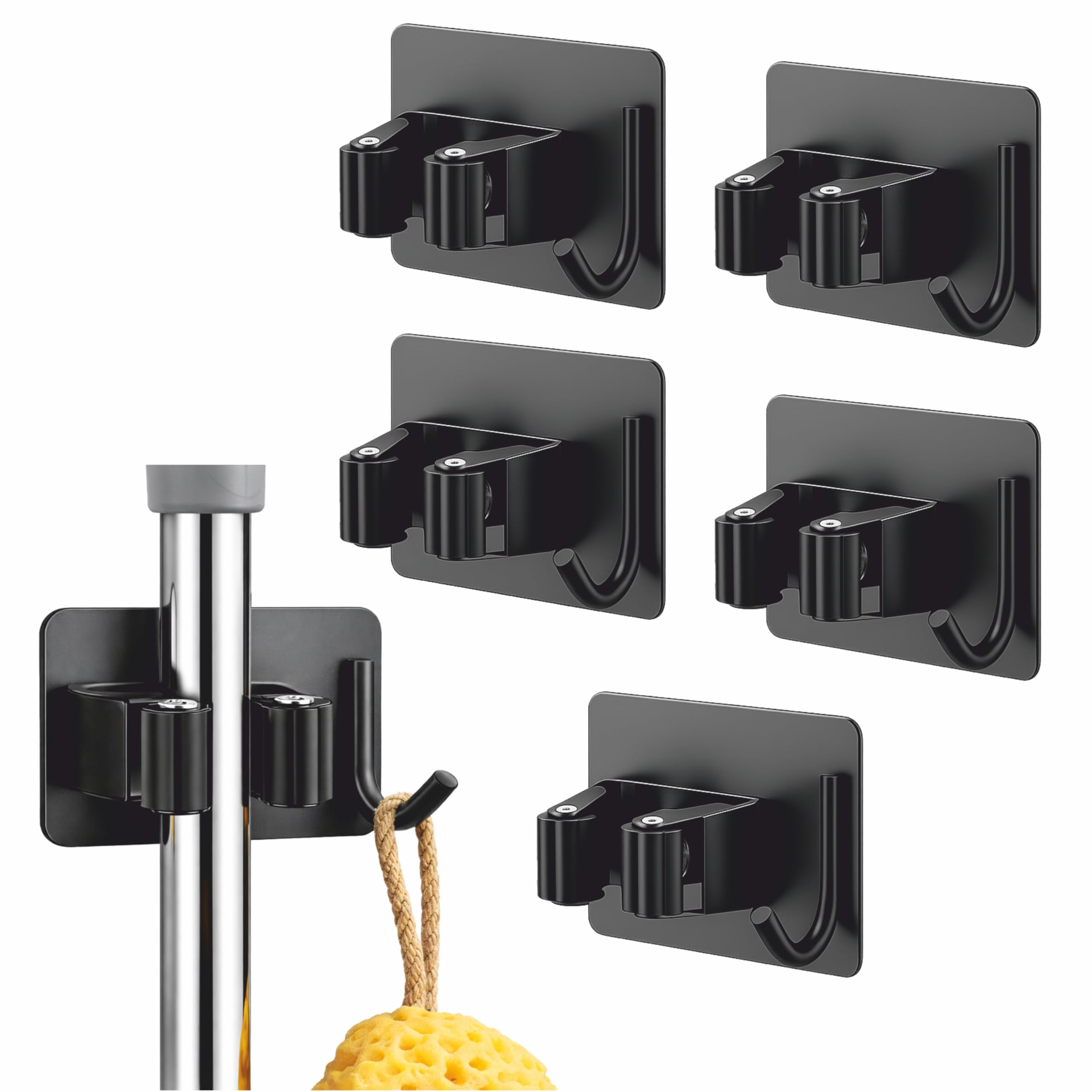 JIALTO 5 Pcs Stainless Steel Broom Holder with Hook - Wall-Mounted Adhesive Storage for Broom Holders, Mops, and More