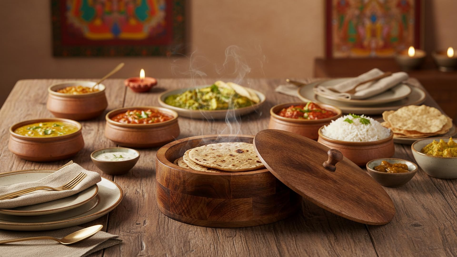 Handgefertigter hölzerner mexikanischer Tortilla Stövchenkorb indischer Chapati Roti Brothalter Box Pfannkuchen Keeper Serviergeschir Hot Pot Auflaufform Deckel Home Küche Essdekor Antik Braun 23 x 7