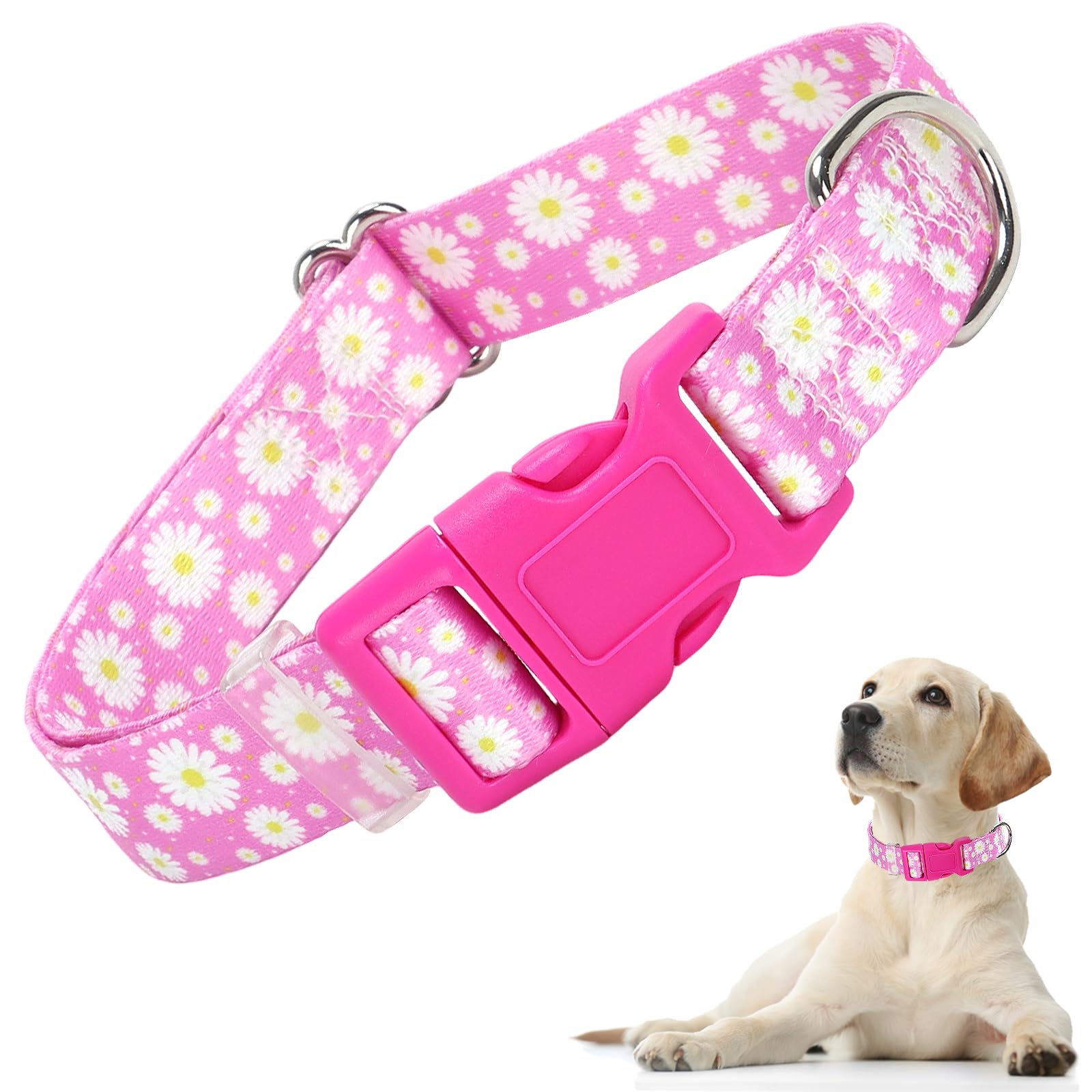 Pink Dog Collars for Large Dogs, Cute Girl Dog Collar with Daisy Flowers Pattern, Adjustable Heavy Duty Pet Collar with Safety Buckle for XS Small