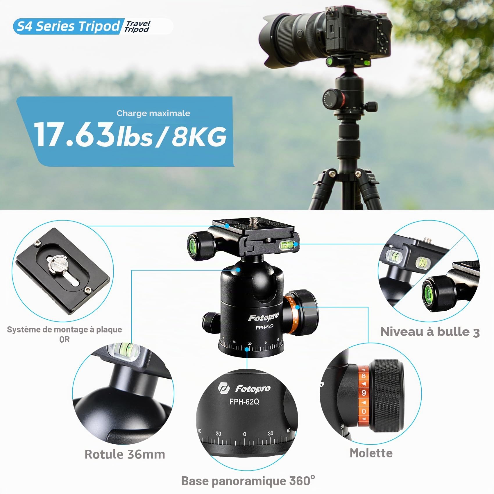 Fotopro S4 Pro Trépied Voyage Aluminium 150.1cm Rotule 360° Charge 8kg 1.18kg Plié 41.5cm 4 Sections