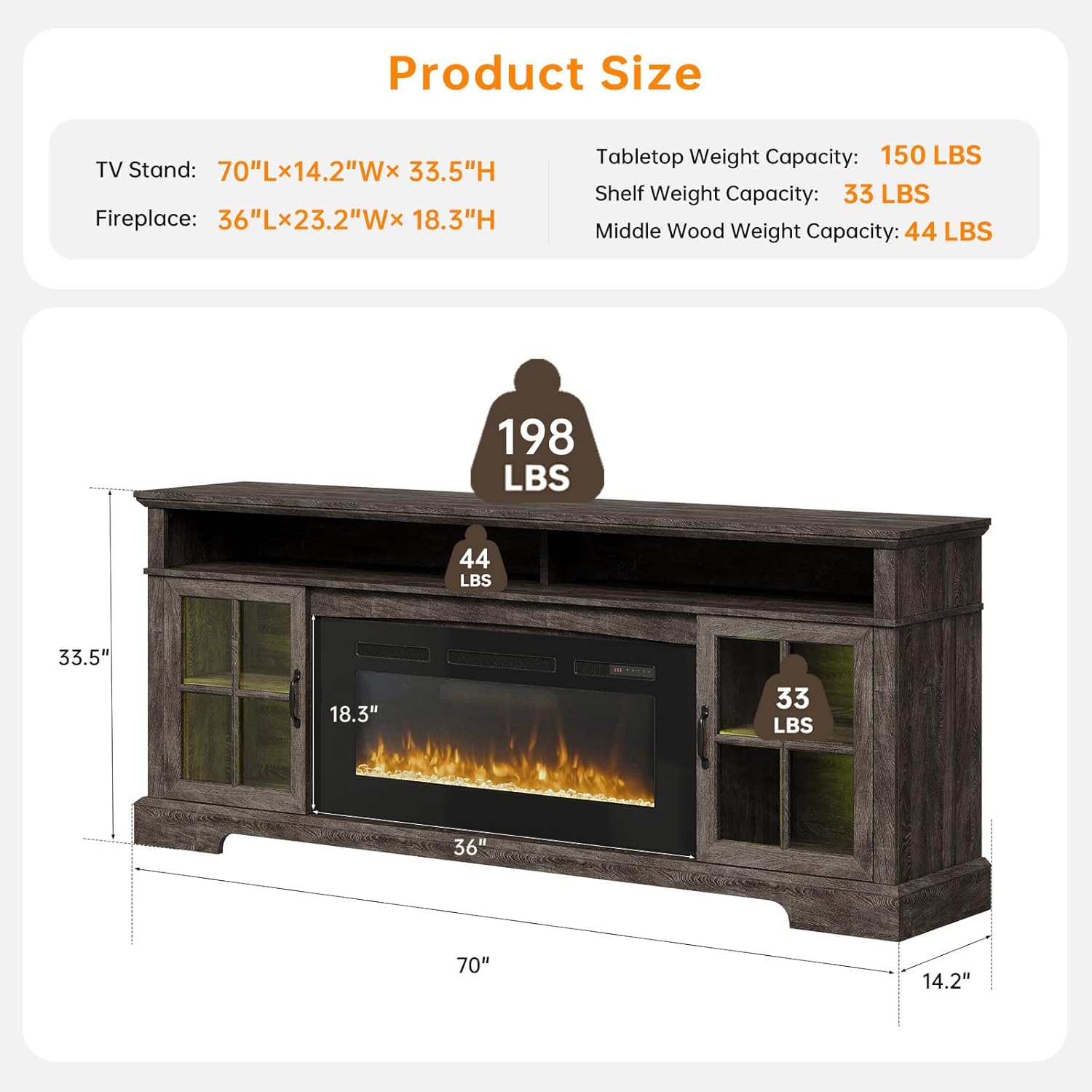 70“ TV Stand with Electric Fireplace, Modern Entertainment Center for TVs Up to 80 Inches, Media Console with Storage Cabinets & Doors, Farmhouse Style for Living Room, Gray and Black