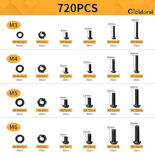 Miniatura 2 de 720 piezas de acero de aleación de grado 10.9 M3, M4, M5, M6, cabeza de botón, tornillos hexagonales, arandelas planas y tuercas surtidas