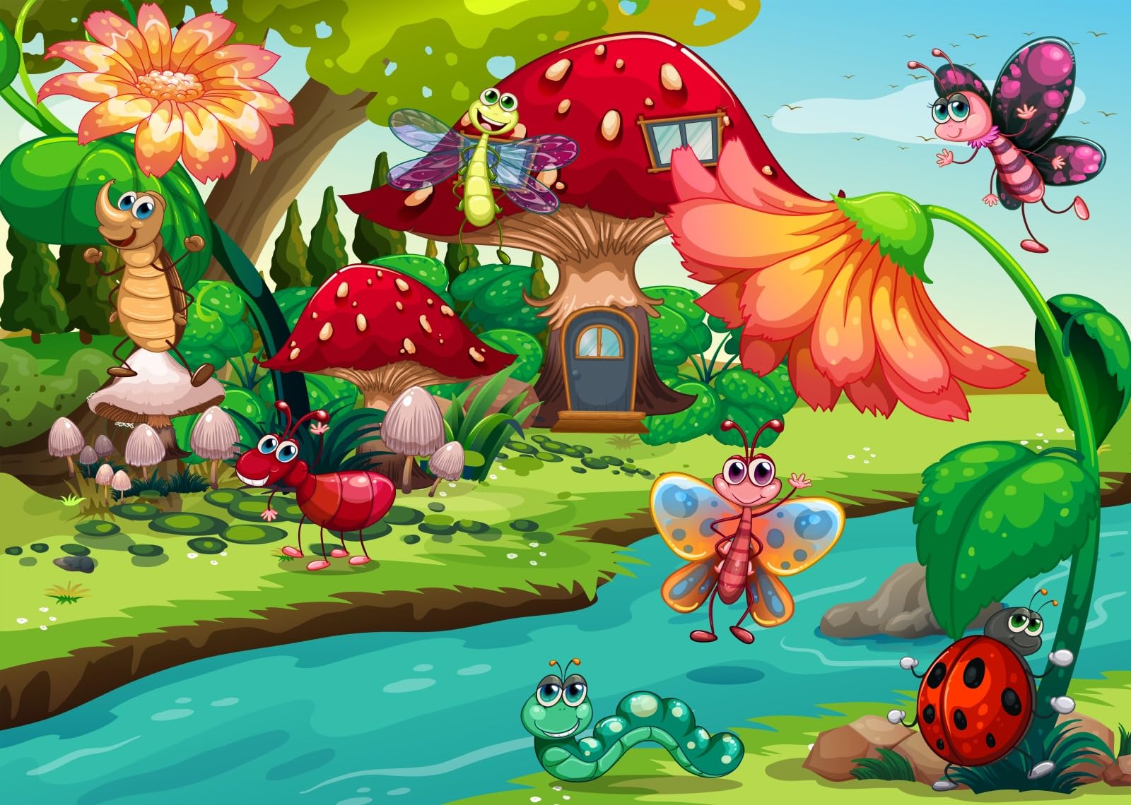 CORFOTO 10x8ft Cartoon Animals Backdrop Forest Mushroom House Insects River Green Grass Cartoon Photo Background for Baby Shower Birthday Themed Party