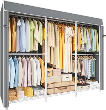 ULIFHOME E14C Pro Heavy Duty Closet Organizer System,Freestanding Clothing Racks for Hanging Clothes,Adjustable Garment Rack 69" W 16" D 77" H Hold 960 lbs,White Rack with Grey Dustproof Cover
