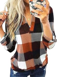Dokotoo Blusa casual de manga larga con puños y cuello en V para mujer, camisas de algodón con estampado a cuadros, tallas S a 5XL