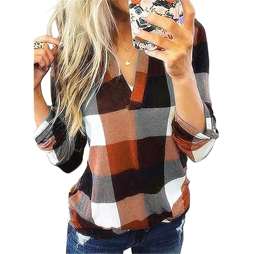 Dokotoo Womens Basic Casual V Neck Plaid Print Cuffed Long Sleeve Work Tops Blouses Shirts S-3XL
