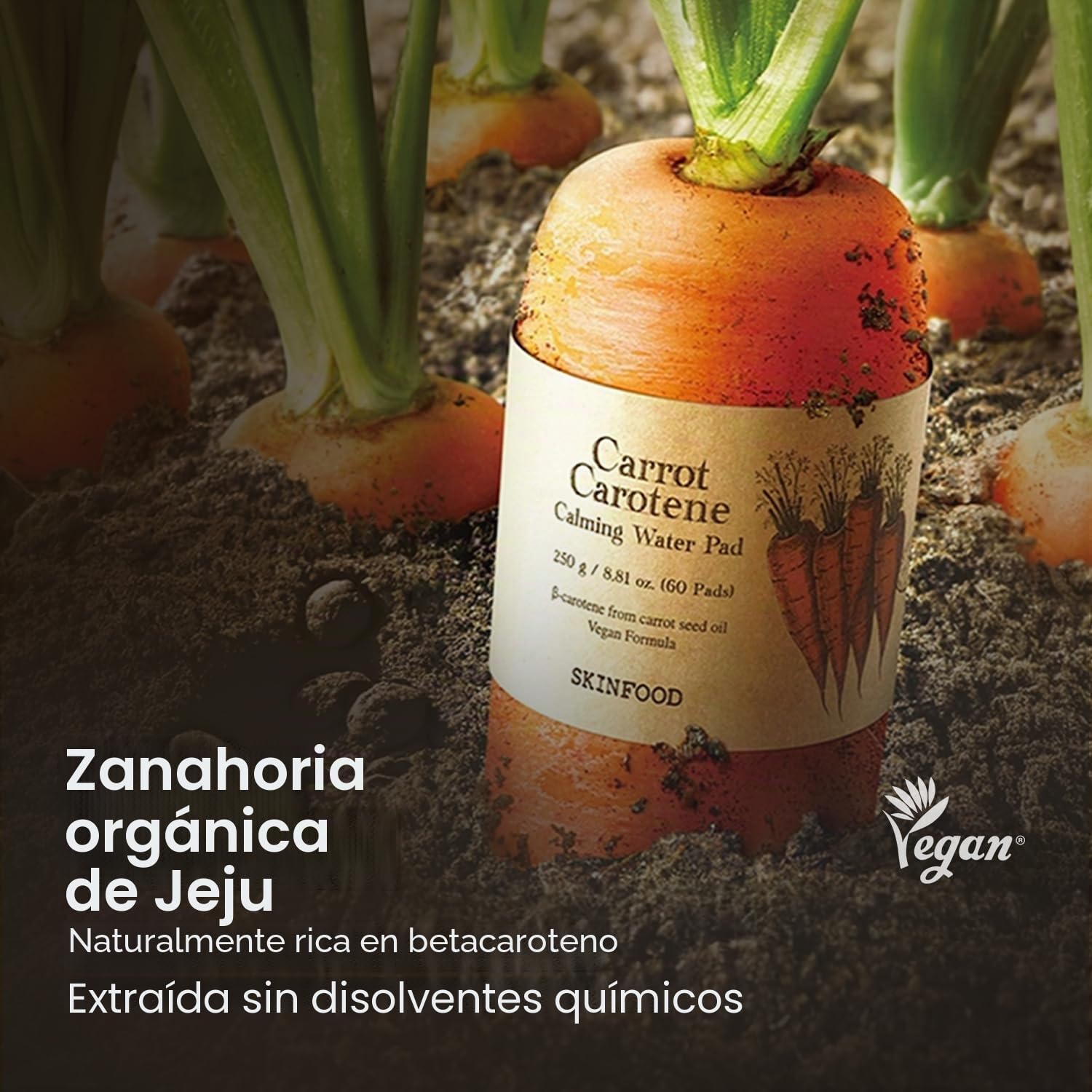 SKIN FOOD since 1957 Almohadilla de agua calmante de zanahoria caroteno 250 g (8.81 oz.) 60 hojas - Alivio del enrojecimiento Almohadillas de algodón faciales calmantes para pieles sensibles