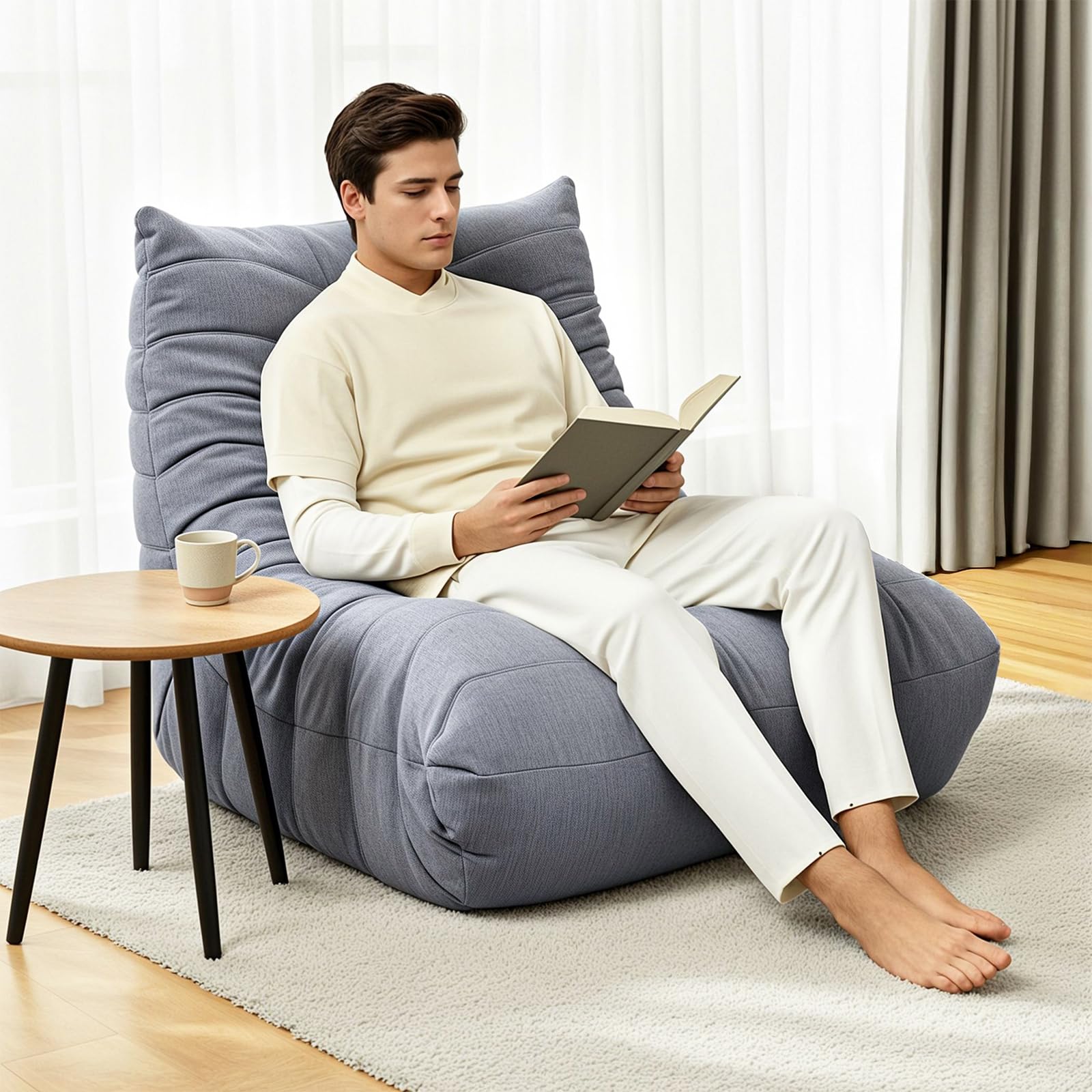 Pouf en Mousse Haute densité - Canapé de Sol en Tissu Chenille avec Dossier - Fauteuil de Lecture pour l'intérieur - pour Salon et Chambre à Coucher - Gris