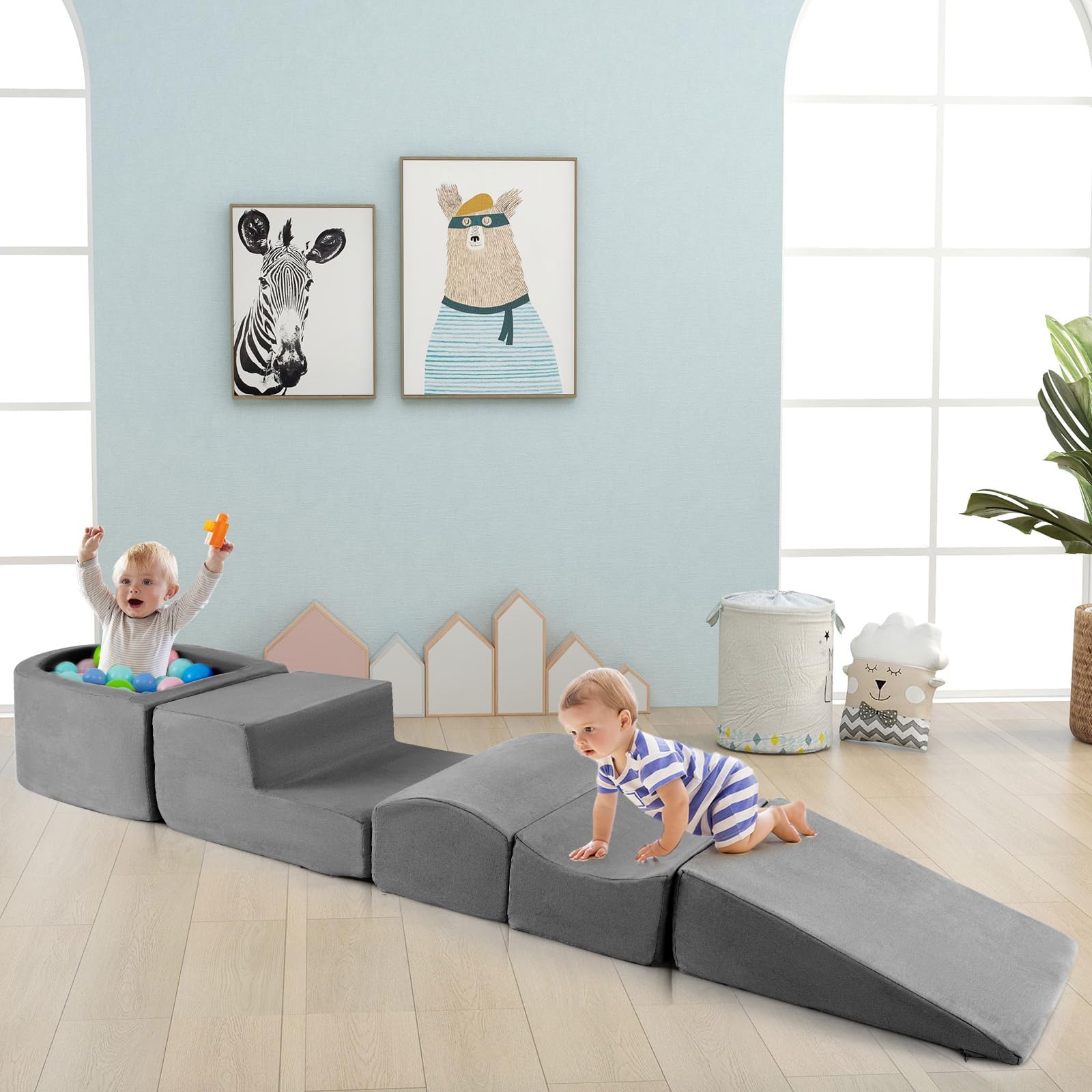FANTASK 5 TLG. Kinder Softplay-Set, Schaumstoffbausteine mit Bällebad, Riesenbausteine zum Toben und Klettern, Schaumstoff Bausteine für Spielzimmer, Kinderzimmer (Grau)