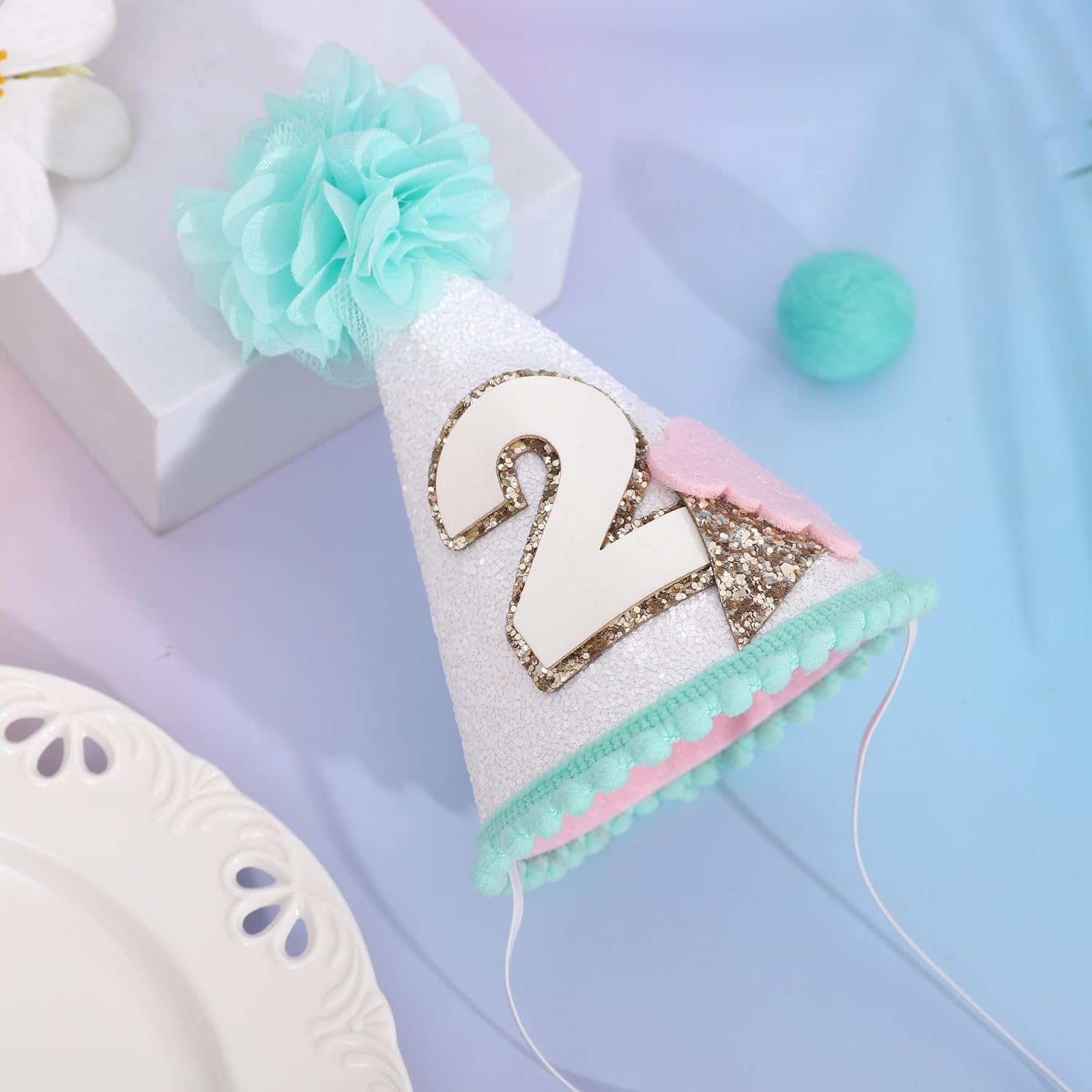 Ice Cream 2nd Birthday Hat - Sweet Second Birthday Decorations,Cool Summer Party Photo Props,Green Floral Ice Cream Cone Hat,Flower Two Cake Smash Party Headwear