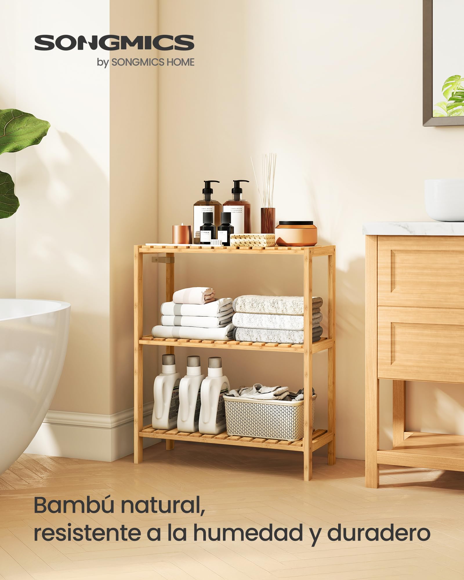 SONGMICS Estantería de Baño de Madera, Estantería Almacenaje, Estante de Plantas de 3 Niveles, para Baño, Sala de Estar, Balcón, Cocina, 26 x 60 x 66 cm, Natural BCB33Y