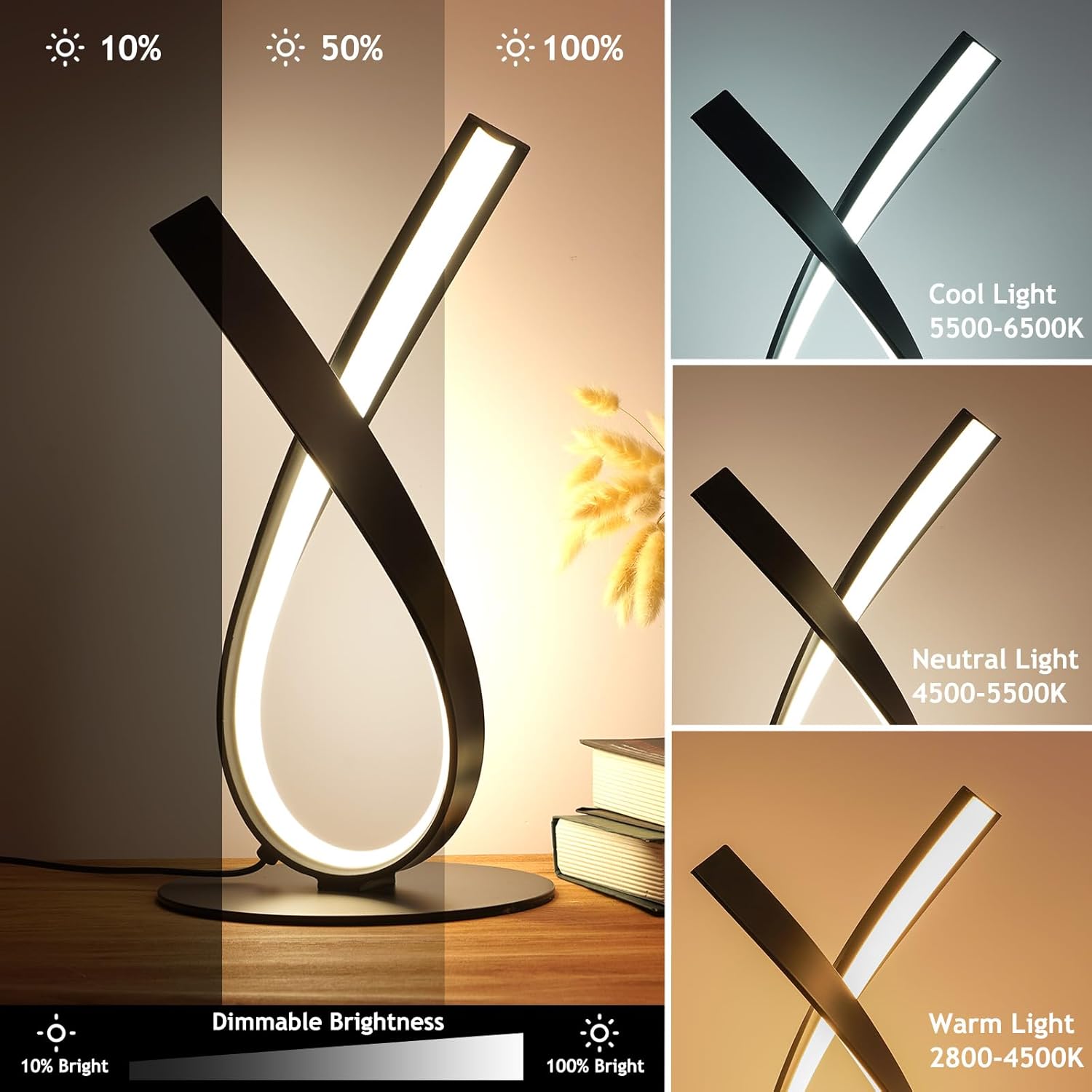 NUÜR Modern Table Lamp, Stepless Dimmable LED Spiral Lamp for Living Room, Contemporary Nightstand Lamp, Black Bedside Table Lamp for Bedroom, Home, Office