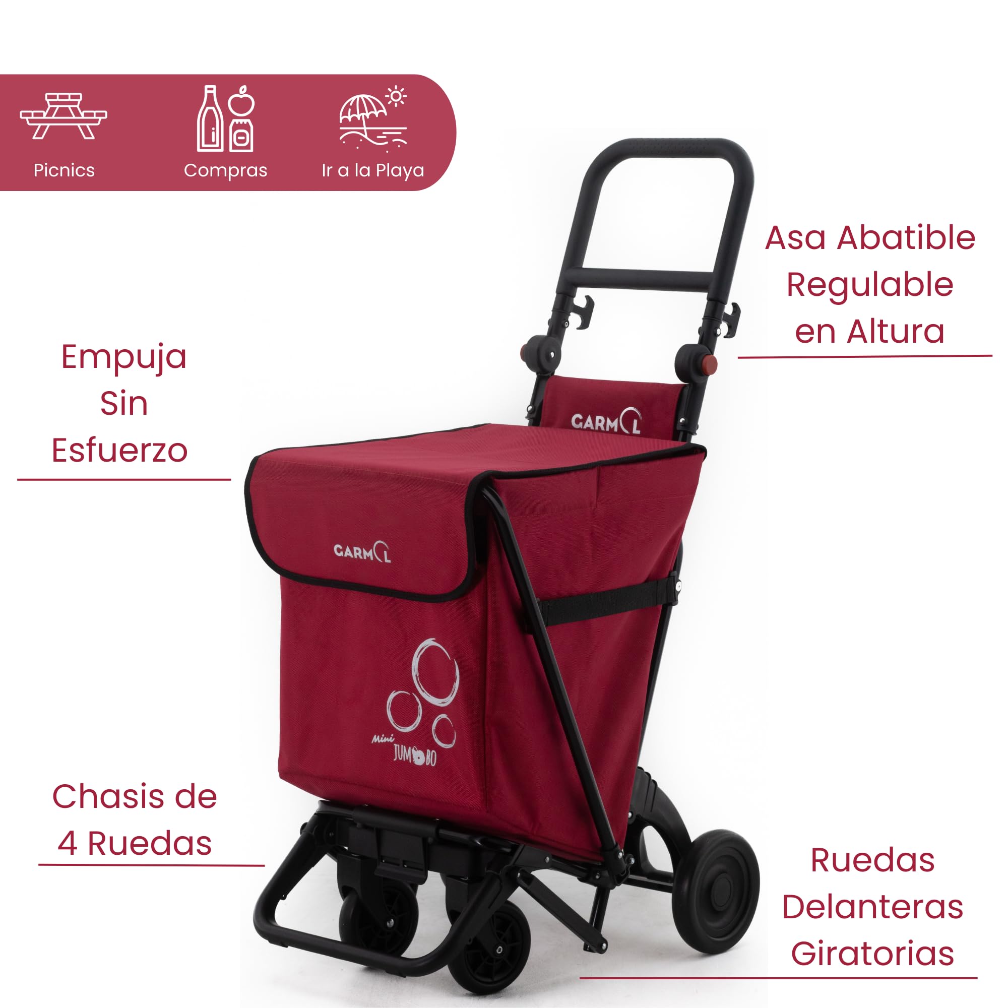 GARMOL Carro de la Compra Plegable 48 litros | Carro de la Compra 4 Ruedas Gran Capacidad | Carrito Compra 4 Ruedas Plegable Color Rojo