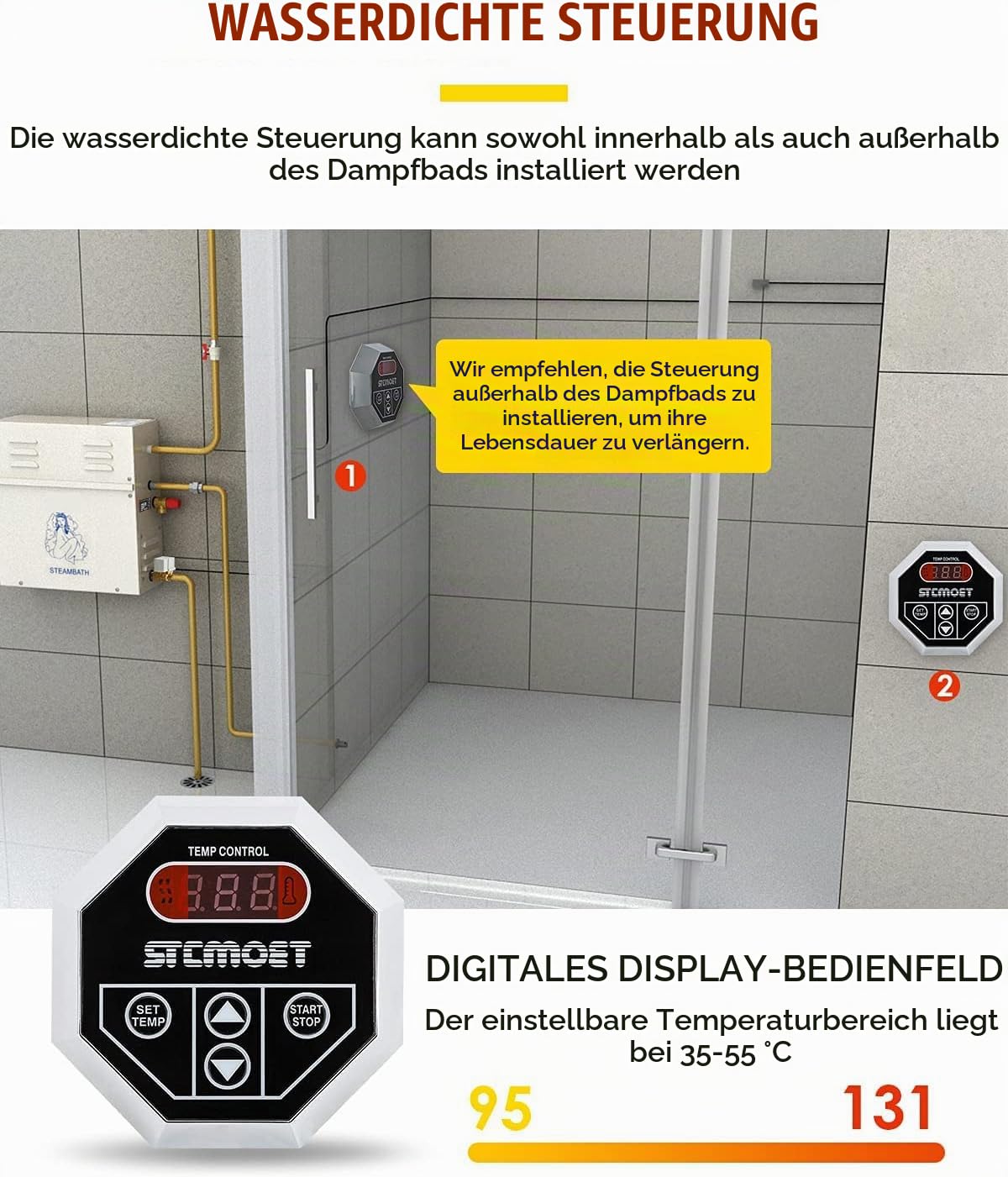 CGOLDENWALL 9KW 220V Dusche Dampfgenerator Automatischer Entwässerung Dampfbad Generator Haus und Gewerbe für Sauna/Dusche/Bade/SPA mit LED-Digitalanzeige für 8.5 m3 Räume-Automatische Heizung 35-55°C